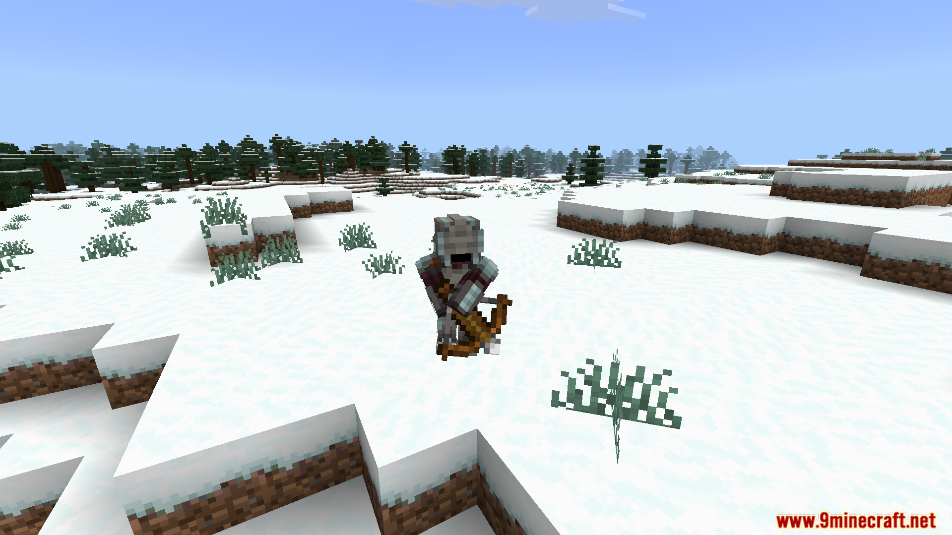 A masked illager soldier patrols a snowy taiga biome alone