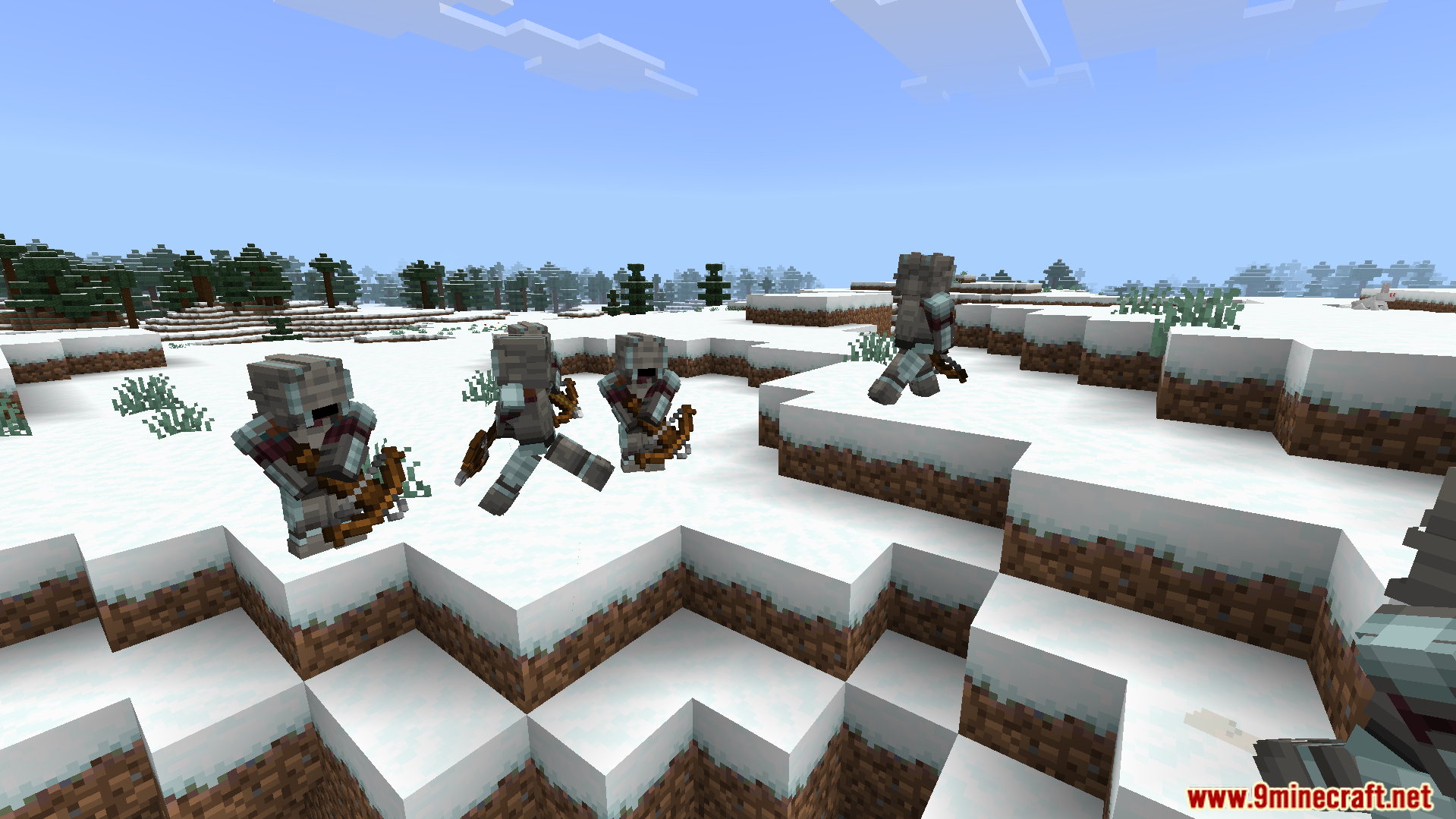 A group of masked illager soldiers with backpacks and crossbows