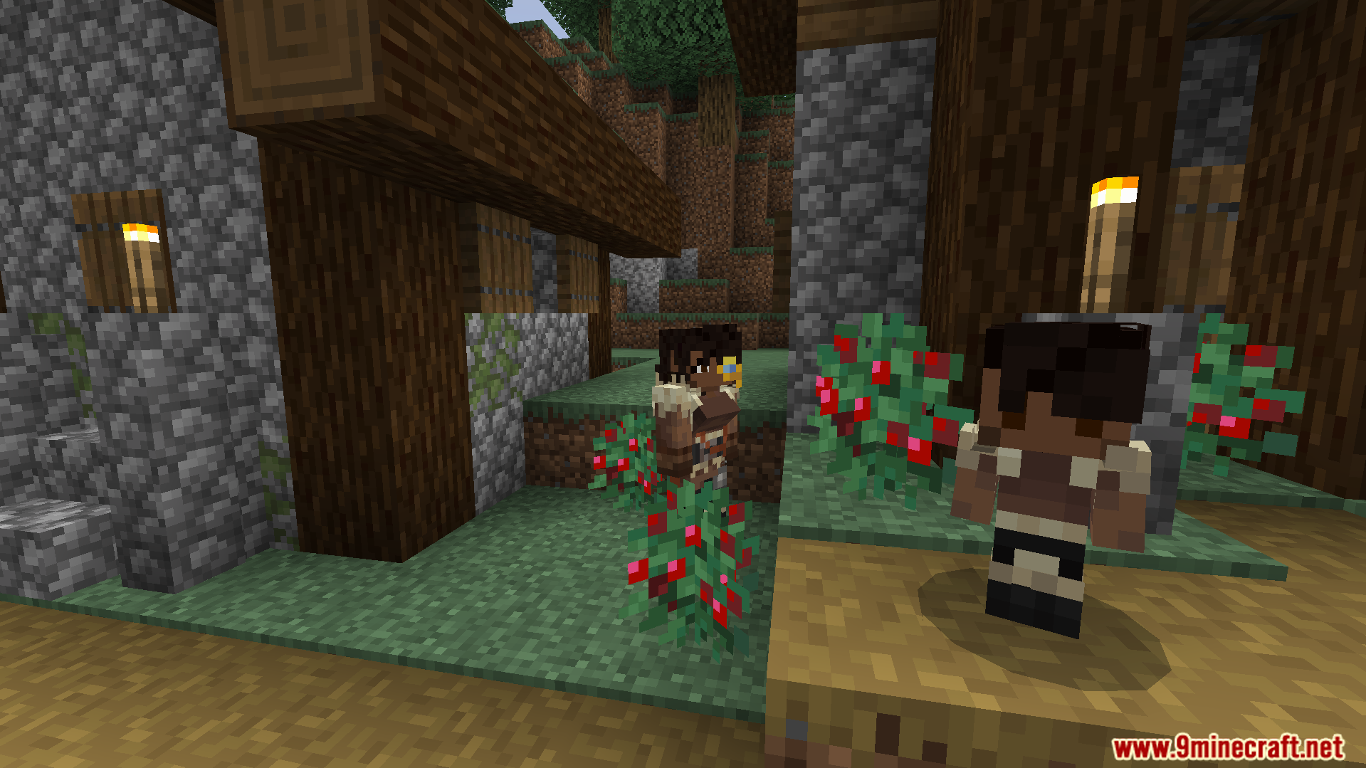 Human villagers with new player models wander through their village