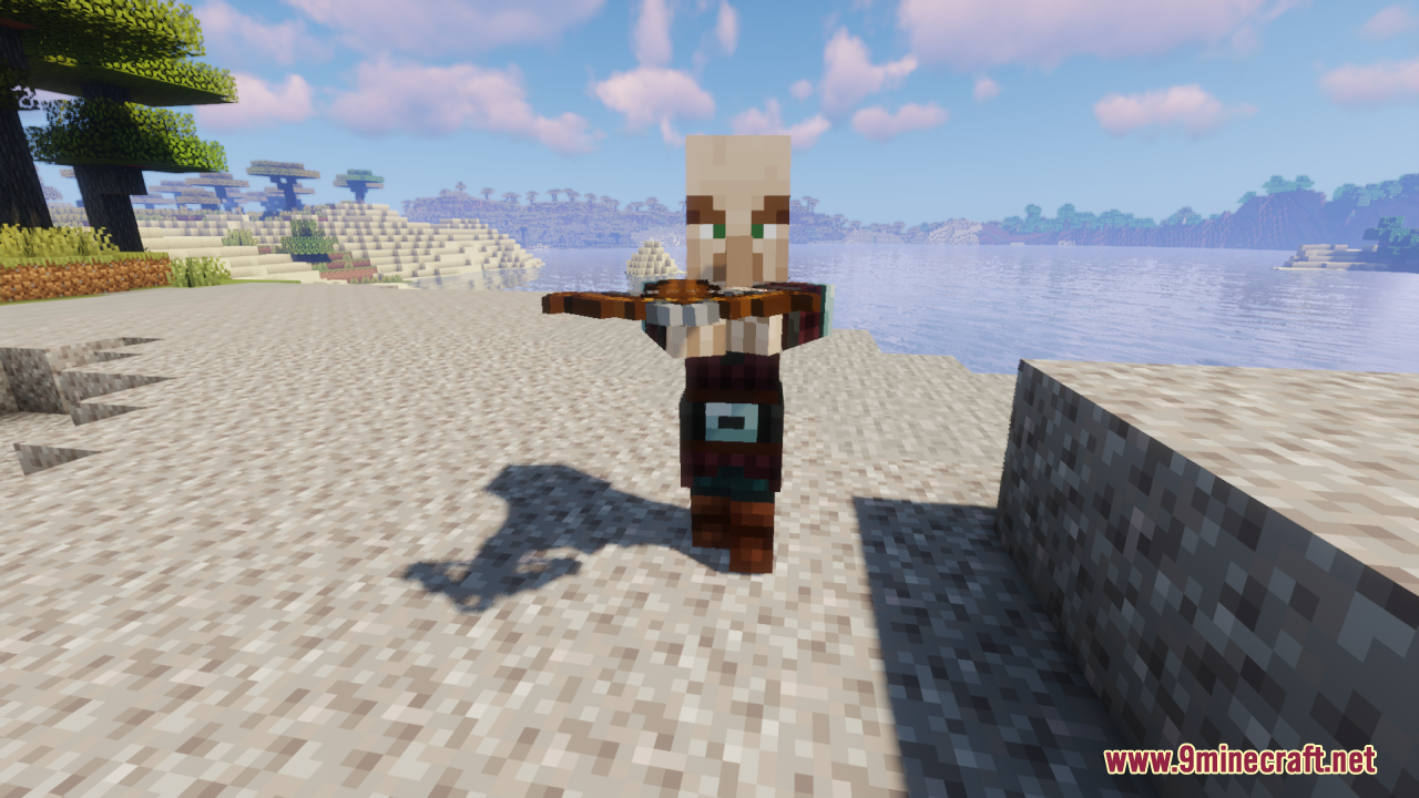 A human-skinned Pillager aiming its crossbow on a beach