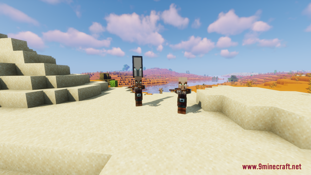 Two human-skinned illagers with a banner in the desert
