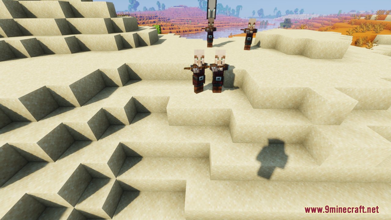 A patrol of four human-like illagers in the sand