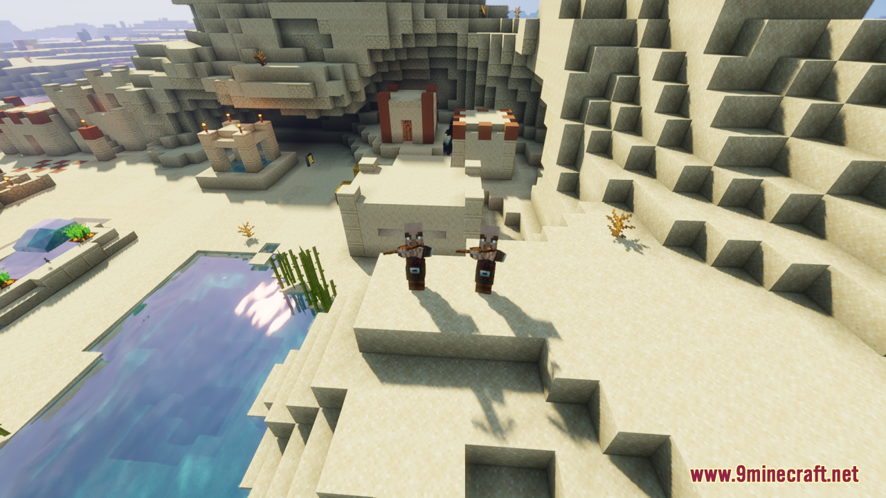 Human illagers standing on a desert village building roof