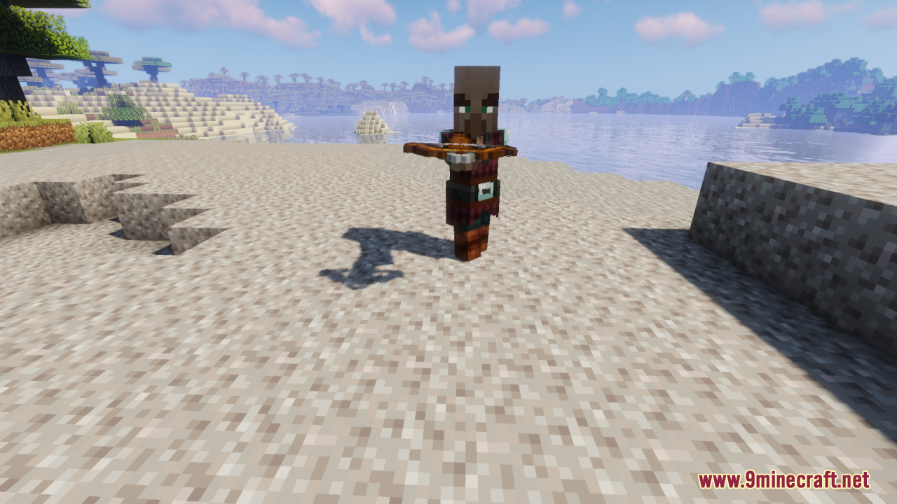 Human-like Pillager standing on a beach with a crossbow