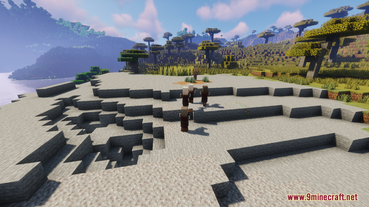 Human-like illagers gathering on a terraced sandy hill