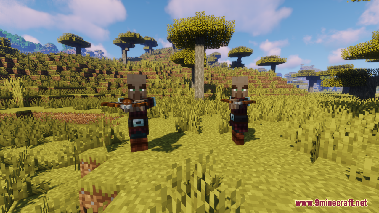 Two human-like pillagers with crossbows in a savanna biome