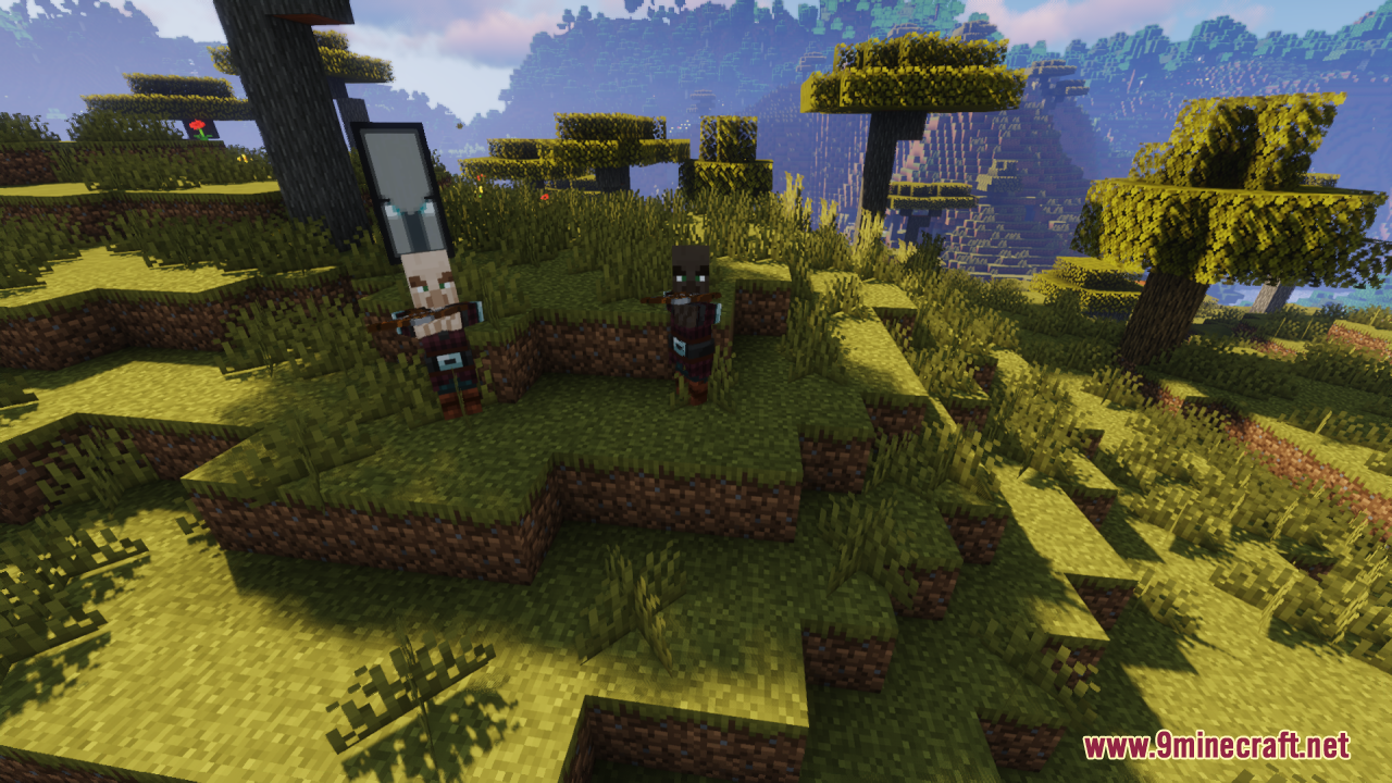 Illagers with human skin tones in a grassy biome