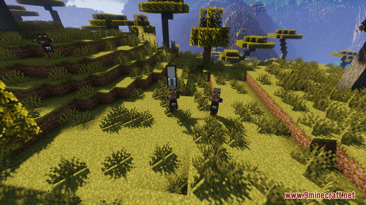 Human-like illagers standing together in a savanna biome