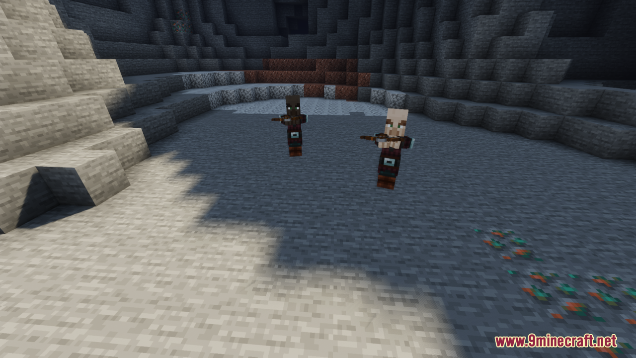 Two human-like illagers with weapons inside a cave