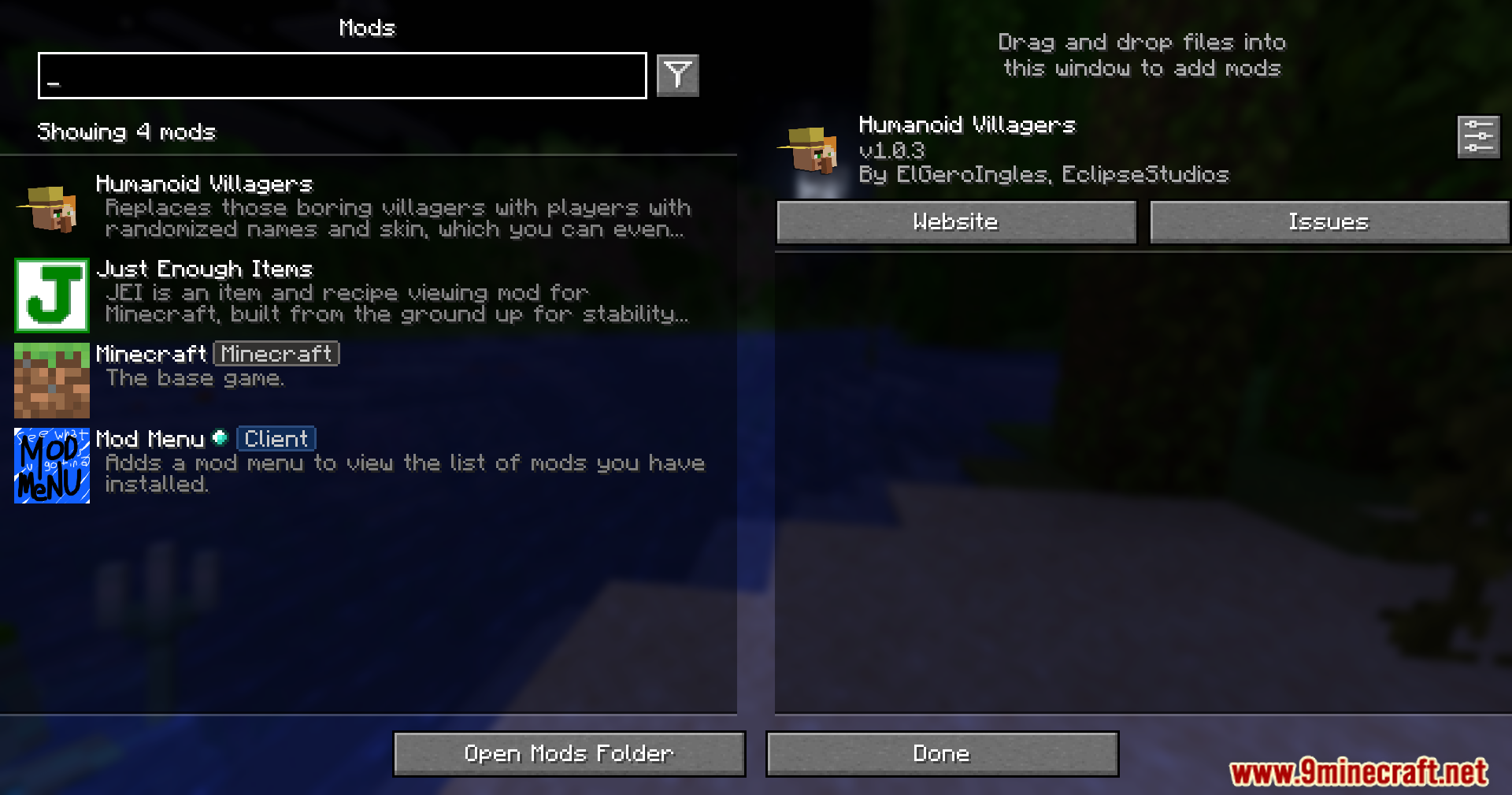 Humanoid Villagers Mod Screenshot 1 Minecraft mods menu screen showing the installed Humanoid Villagers modification