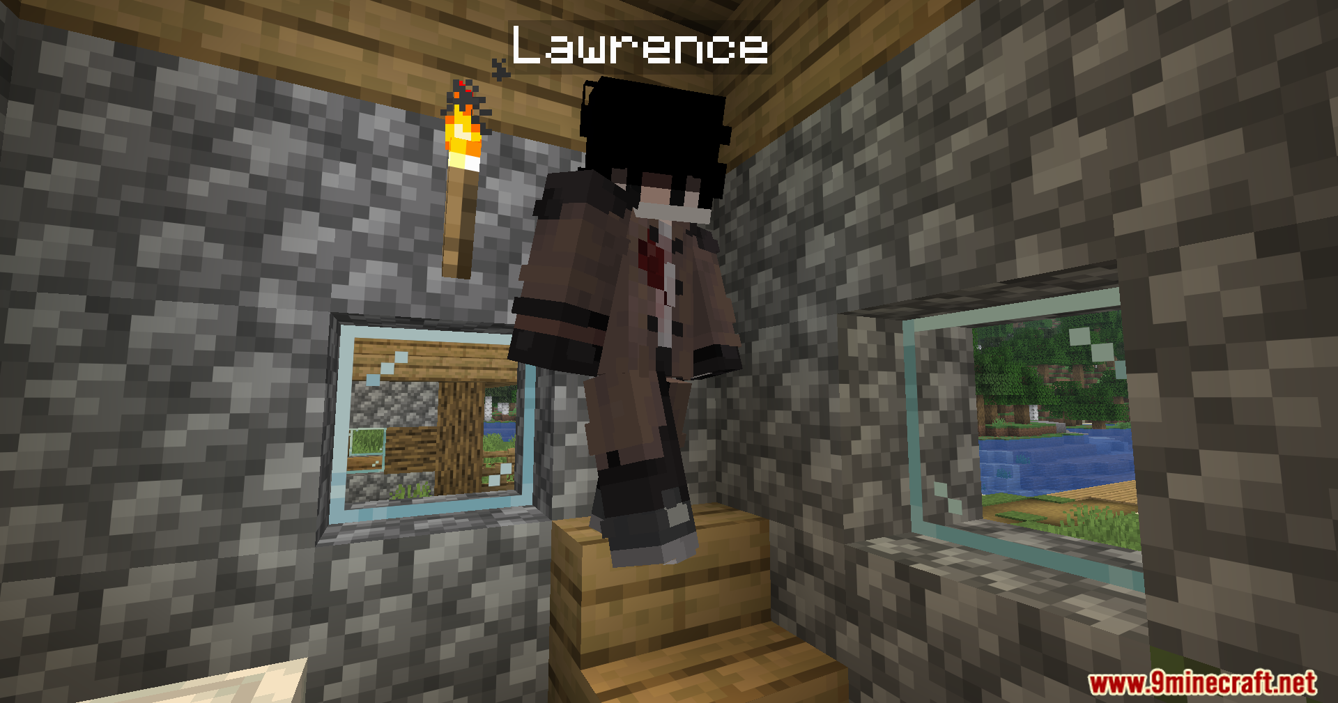Humanoid Villagers Mod Screenshot 12 Humanoid villager named Lawrence standing inside a cobblestone village house near a window