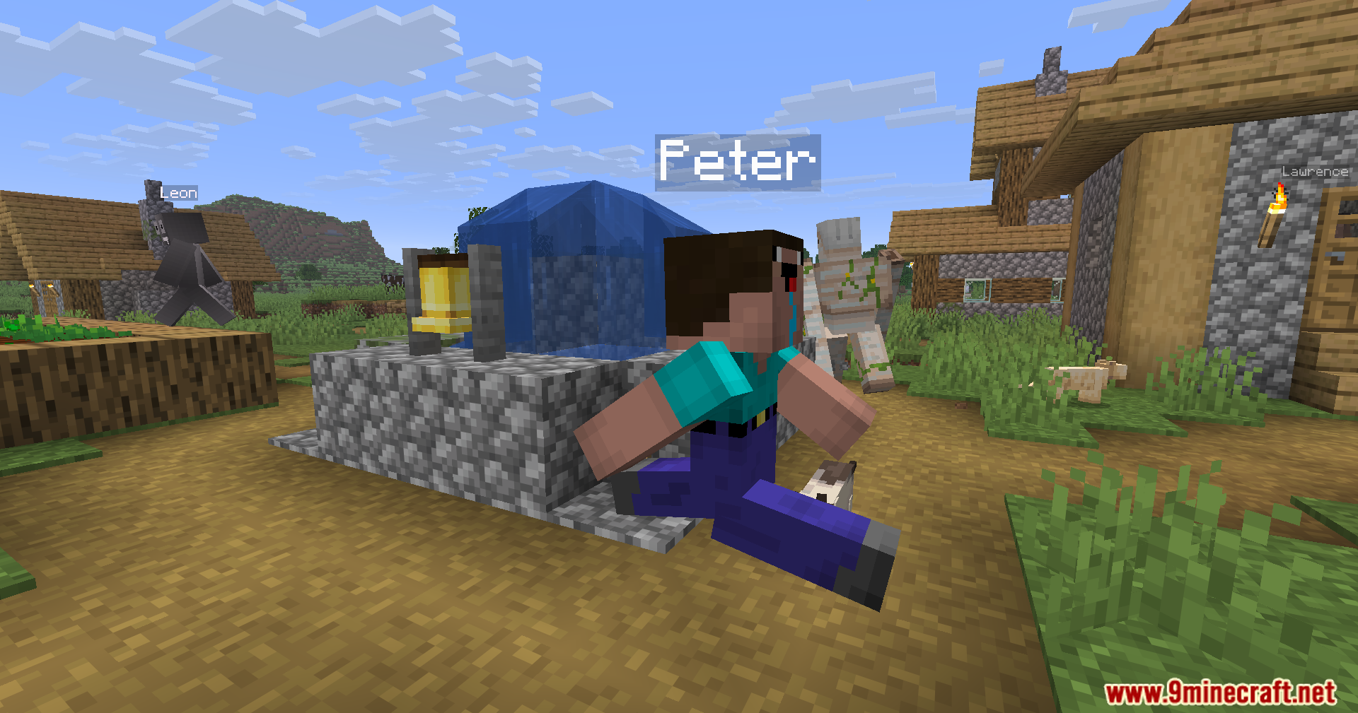 Humanoid Villagers Mod Screenshot 3 A humanoid villager named Peter running through a village near a bell