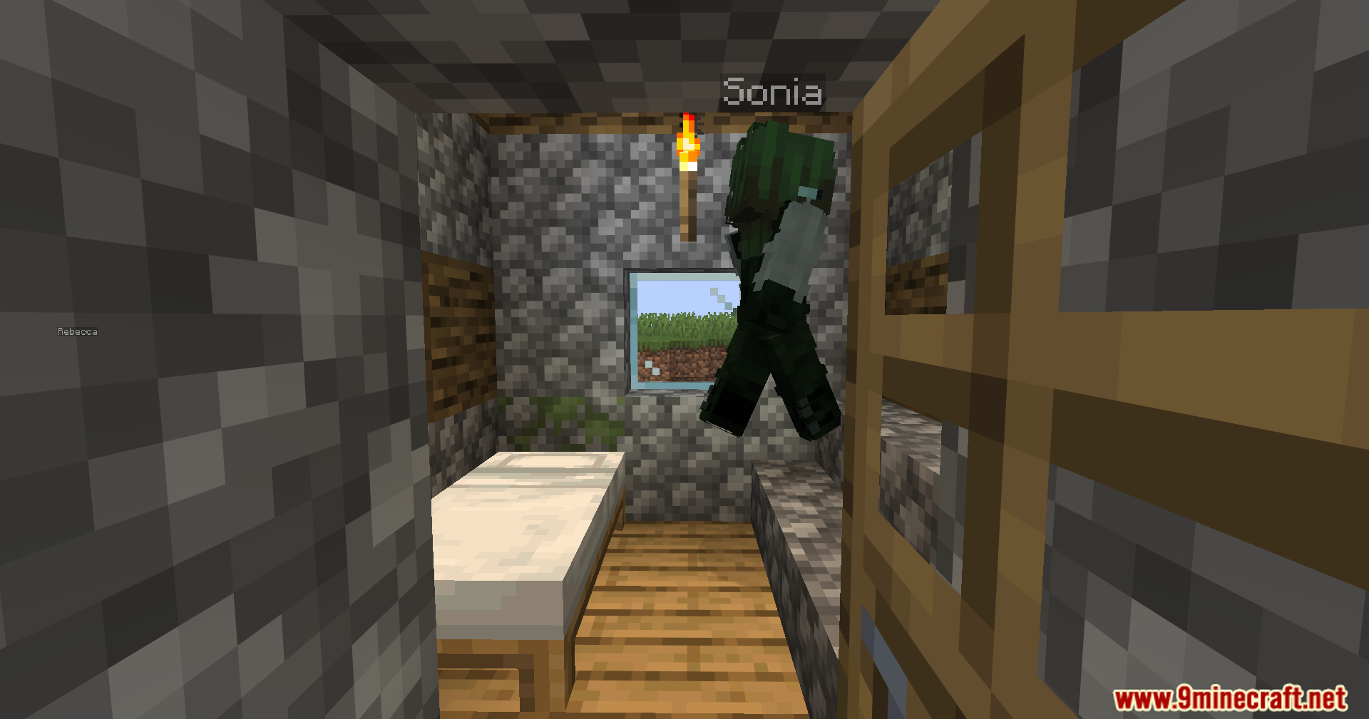 Humanoid Villagers Mod Screenshot 4 A green skinned humanoid villager named Sonia jumping inside a small house