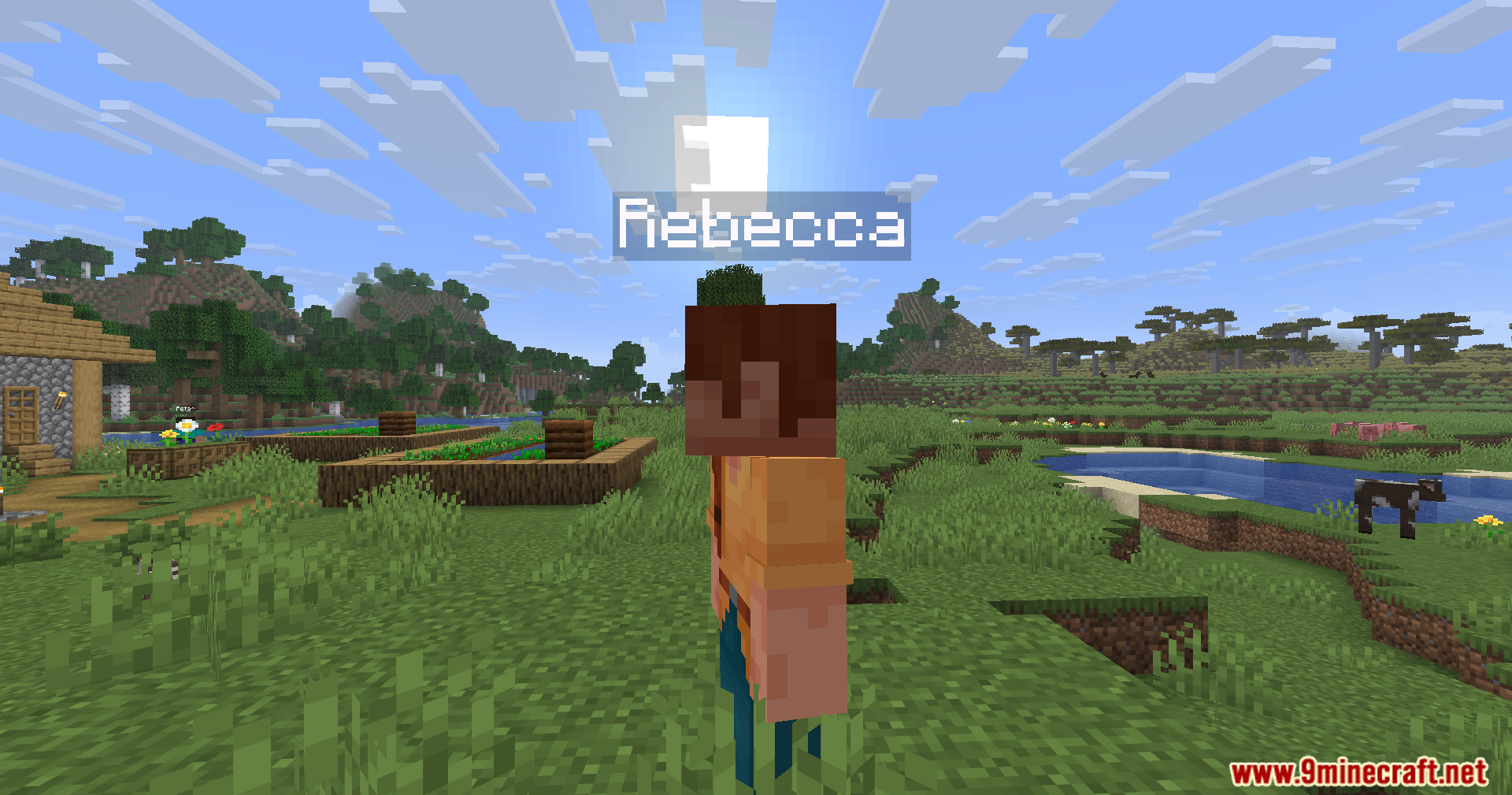 Humanoid Villagers Mod Screenshot 6 A humanoid villager named Rebecca stands outside near farms in a village