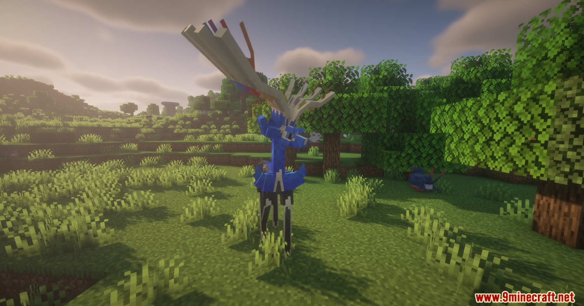The legendary Pokemon Xerneas in a lush forest biome