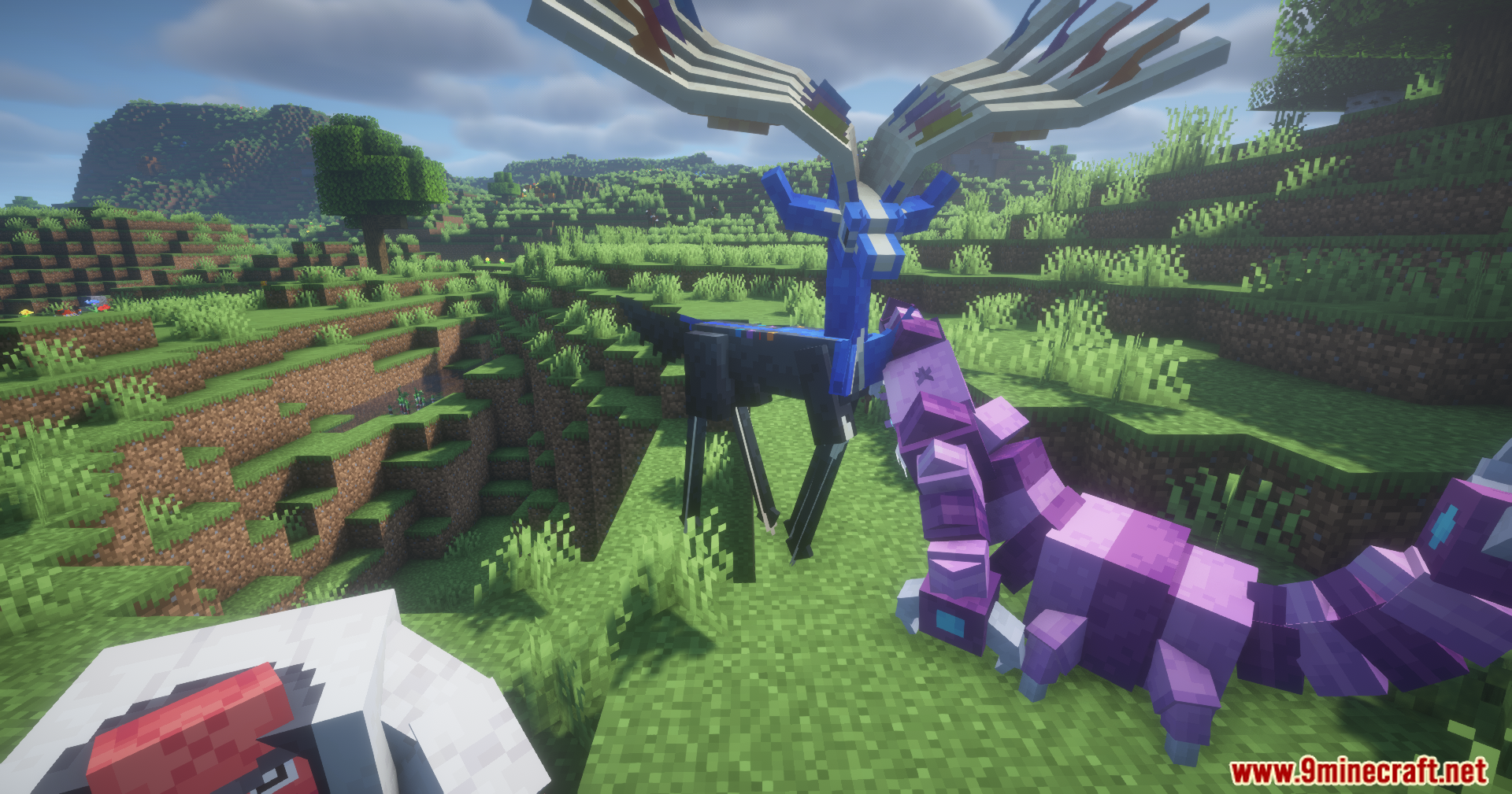 Legendary Pokémon Xerneas and Palkia in the Cobblemon mod