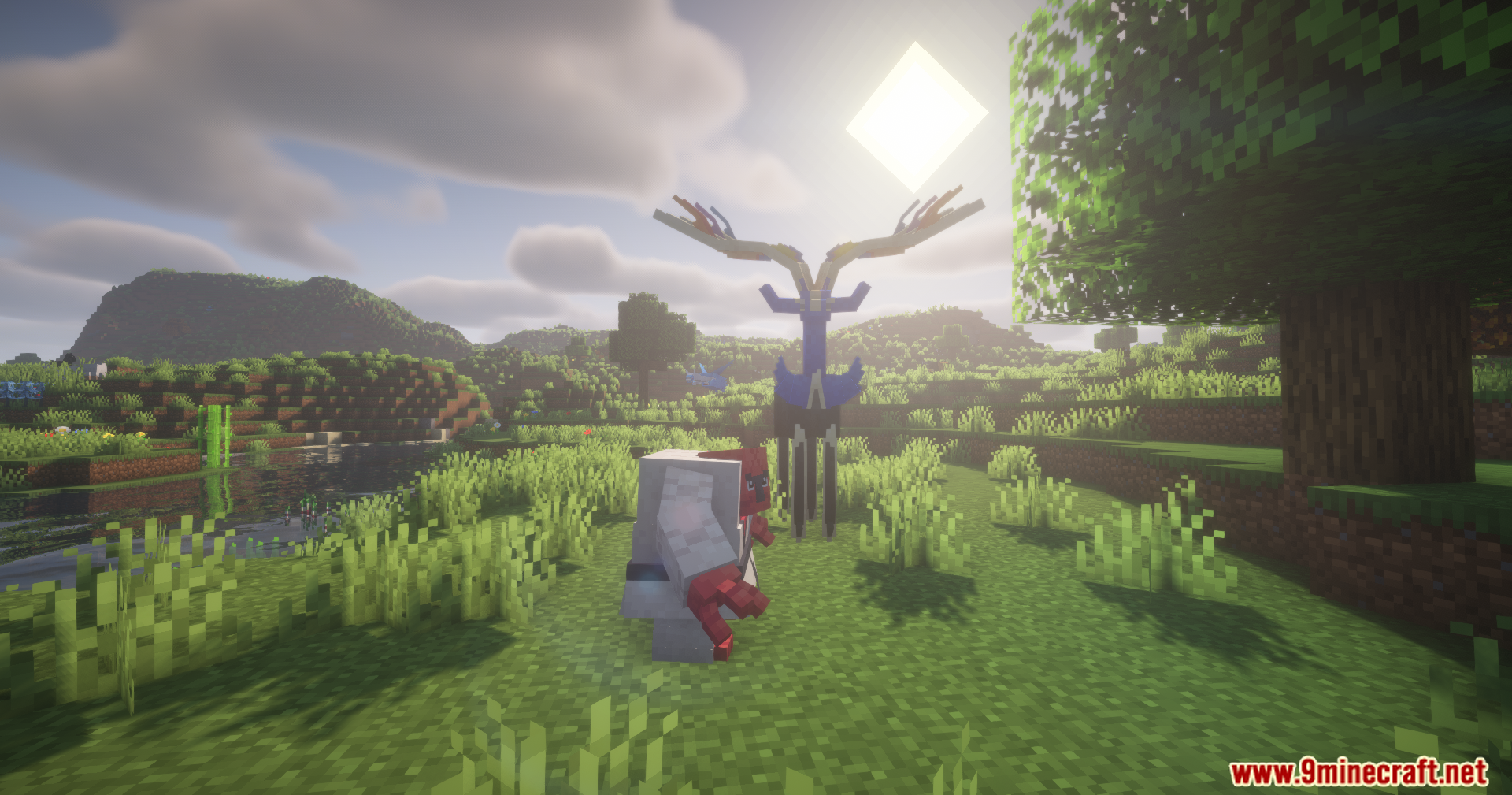 The legendary Pokémon Xerneas stands in a sunny field