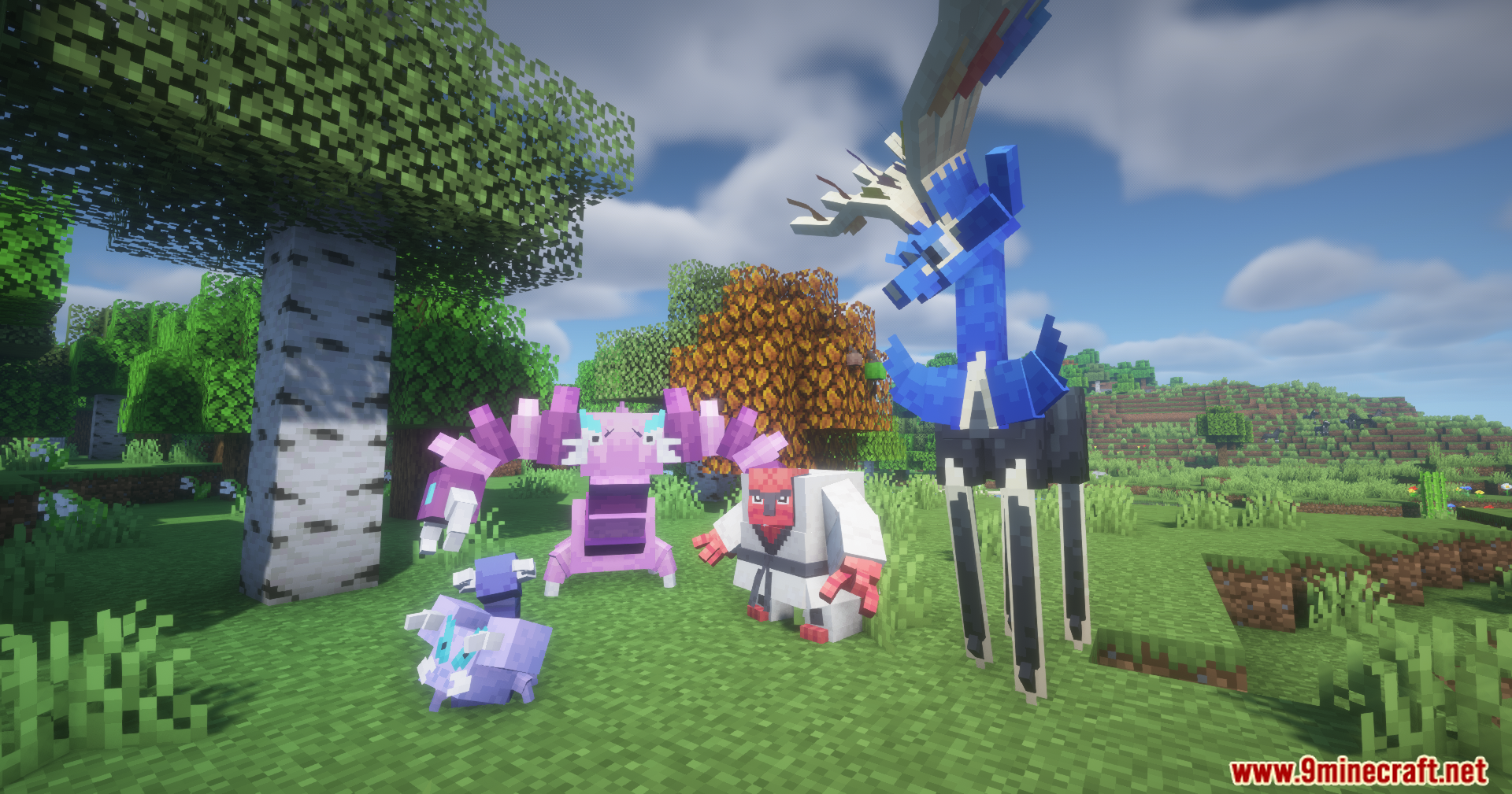 Cobblemon Pokemon models gathered in a forest clearing