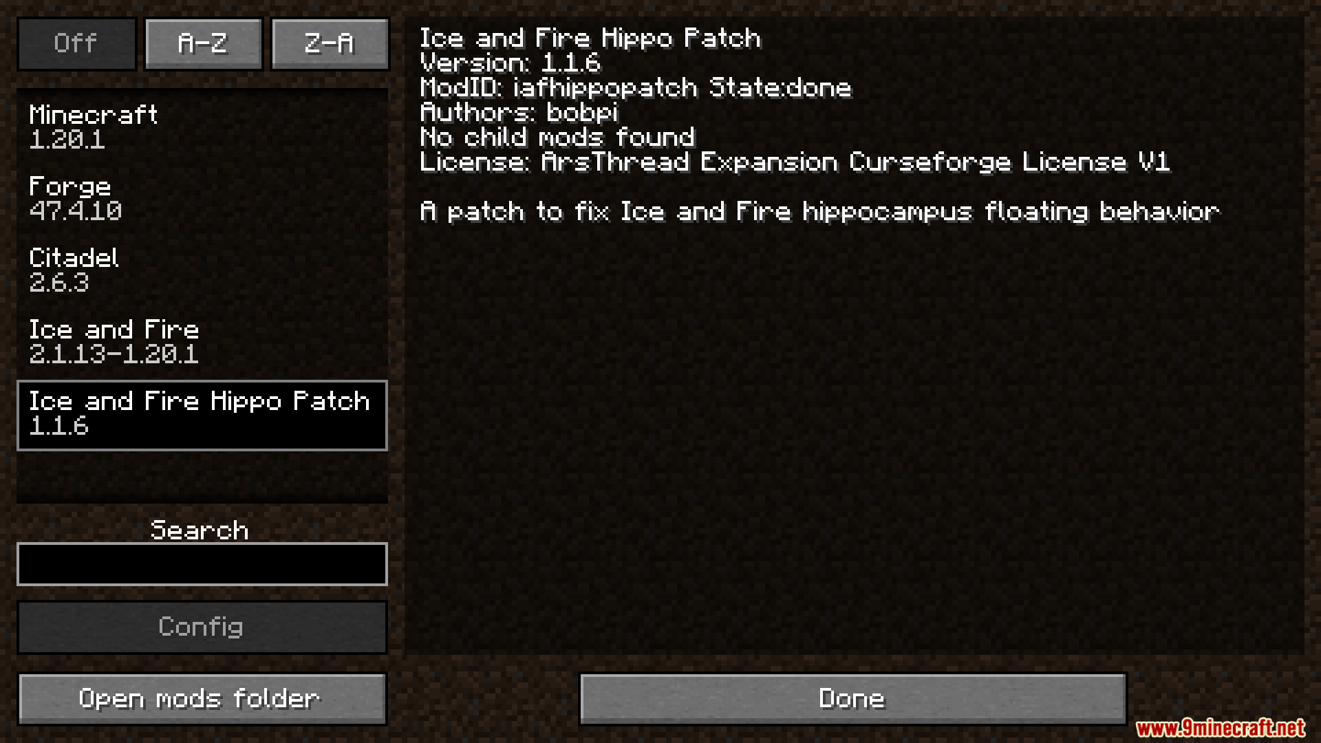Ice and Fire Hippo Patch mod details in menu