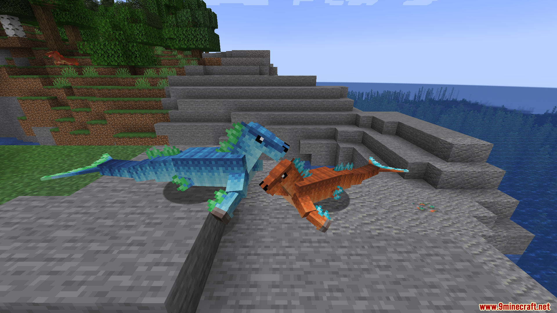 Two colorful hippocampus creatures resting on a rocky shore