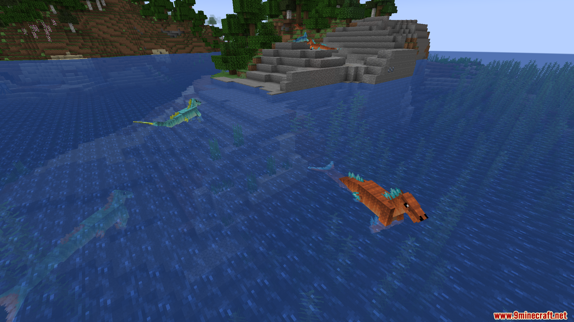 Multiple colorful hippocampus swimming near a small island