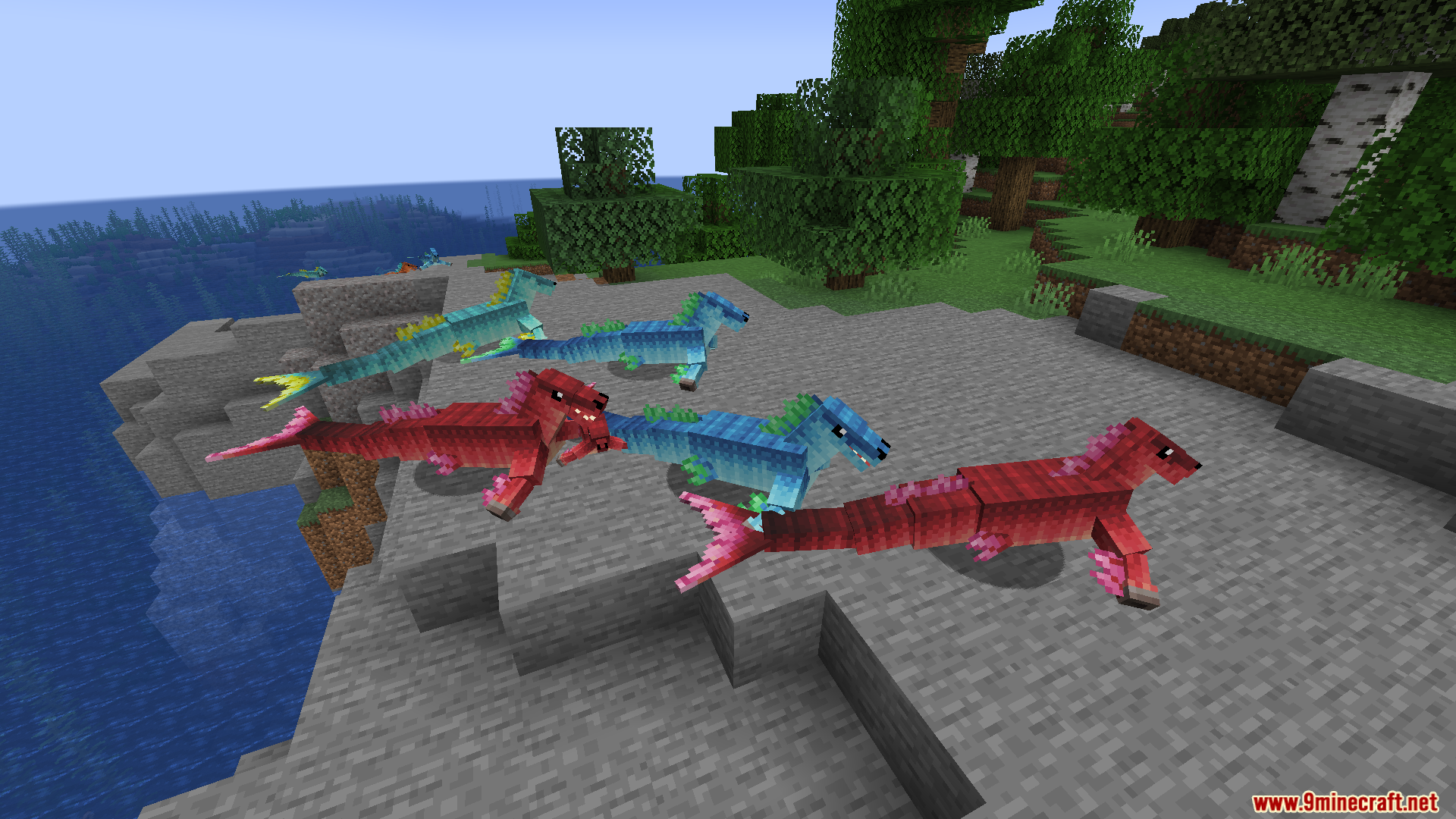 A group of colorful hippocampus resting on the shore