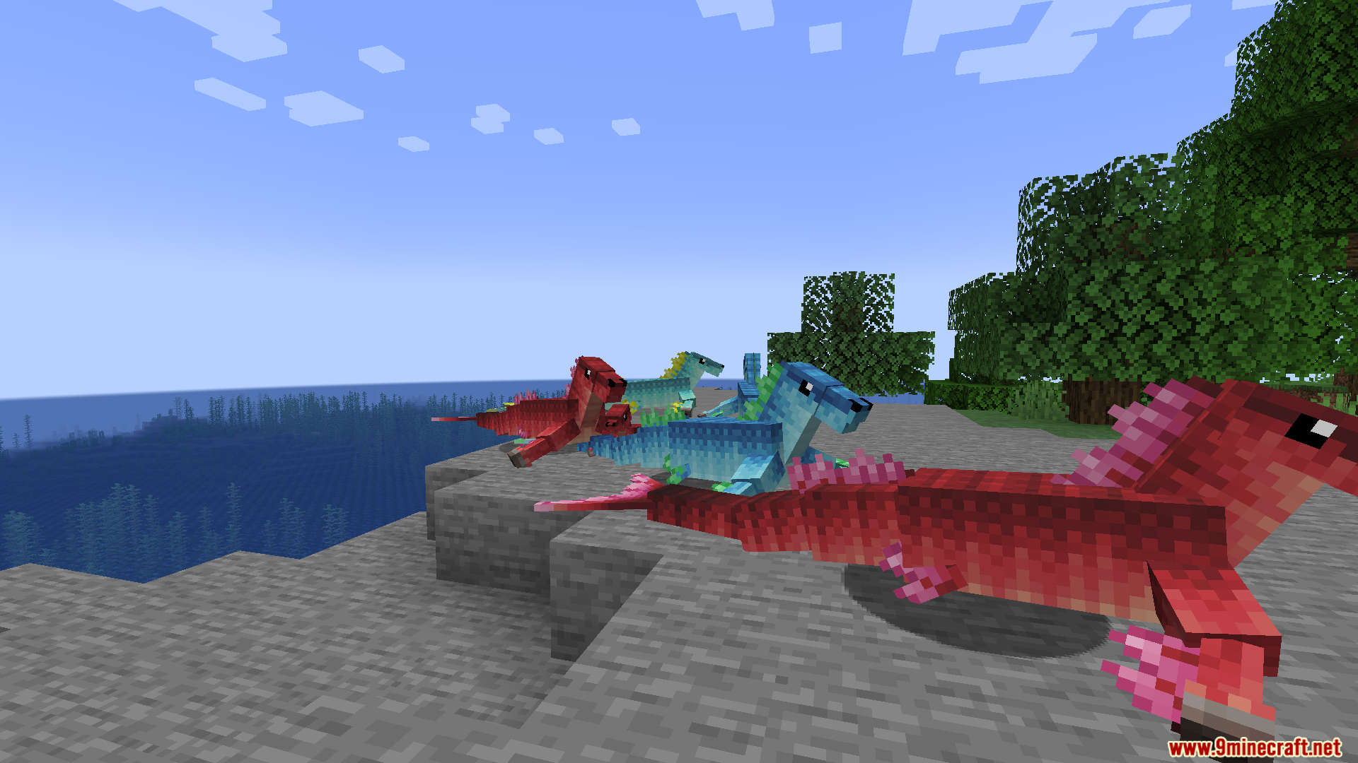 Colorful Ice and Fire Hippocampus mobs on a cliff