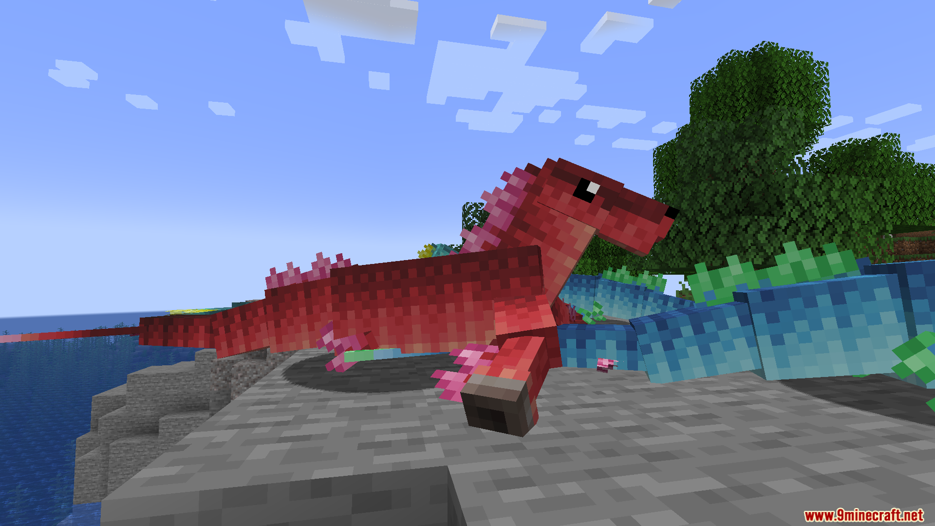 Red Hippocampus with pink fins standing on stone blocks