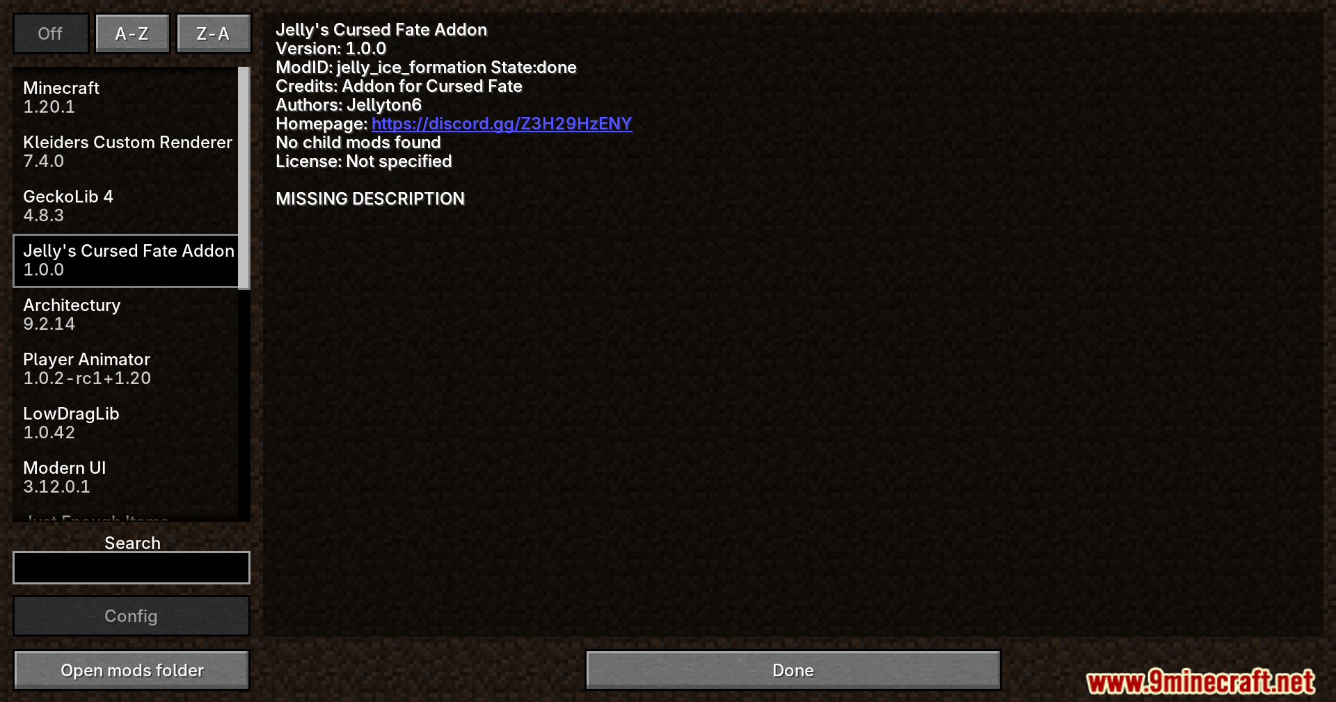 Ice Formation Cursed Fate Addon Mod Screenshot 1 Mod list menu showing Jelly's Cursed Fate Addon details