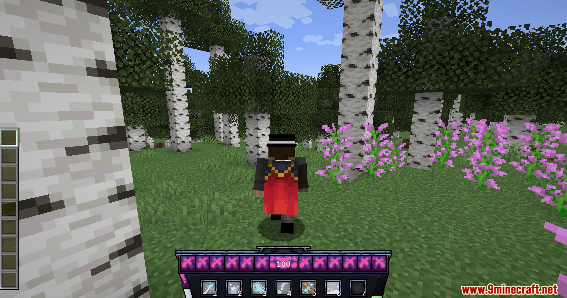 Ice Formation Cursed Fate Addon Mod Screenshot 2 Player character in birch forest with custom hotbar UI