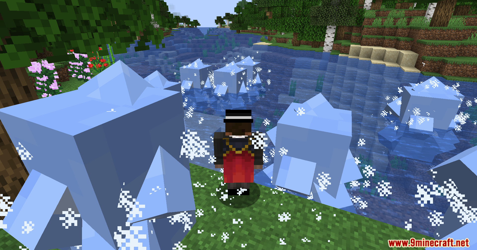 Ice Formation Cursed Fate Addon Mod Screenshot 3 Player standing near large ice formations by a river in Minecraft