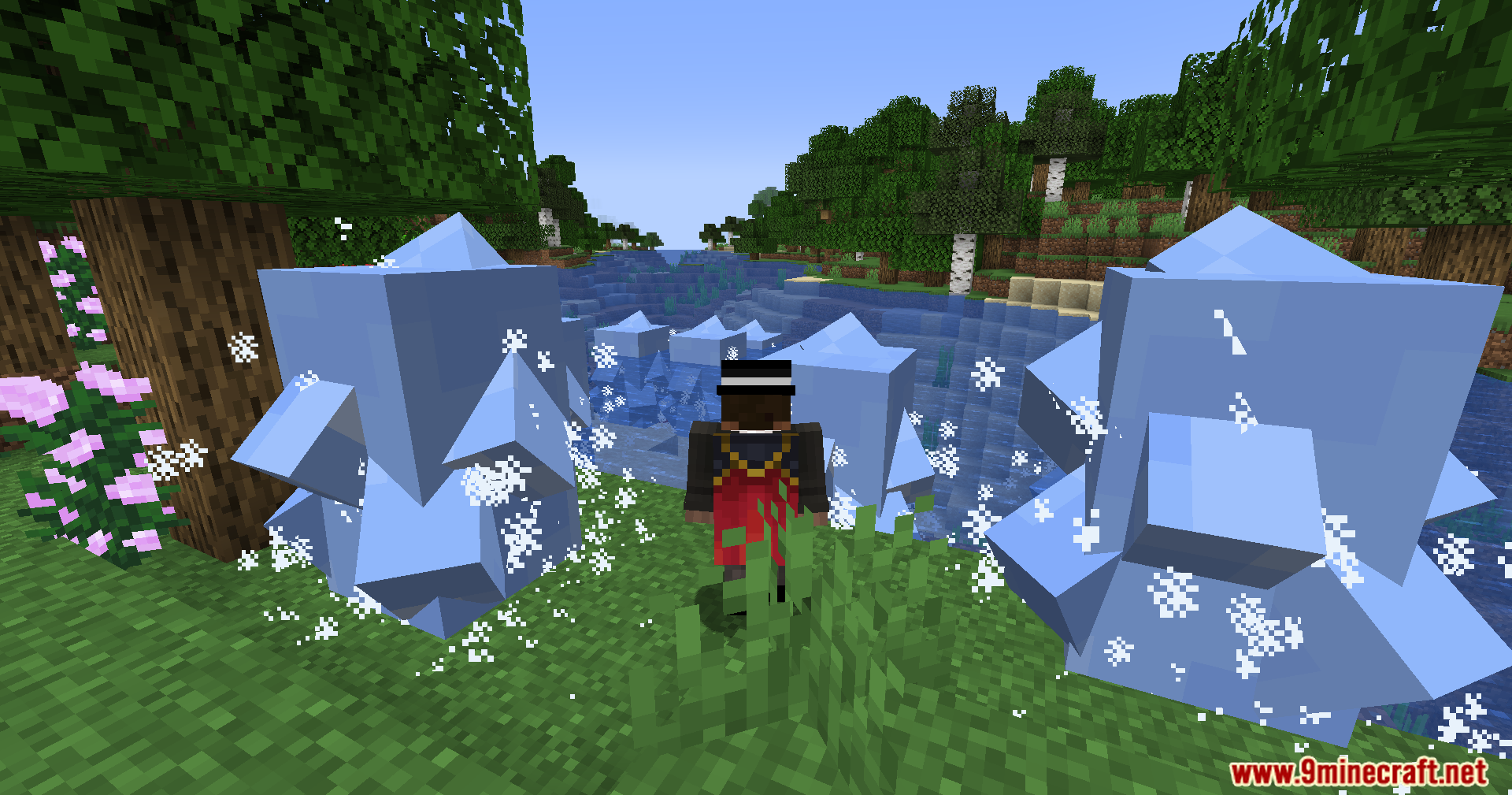 Ice Formation Cursed Fate Addon Mod Screenshot 4 Player surrounded by large ice formations near a river in Minecraft