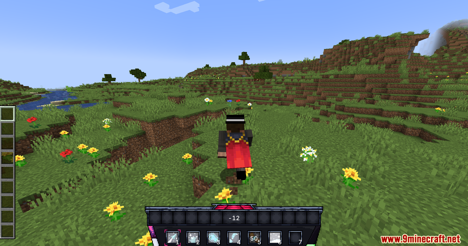 Ice Formation Cursed Fate Addon Mod Screenshot 7 Player with red cape running in grassy field with custom ice skill hotbar