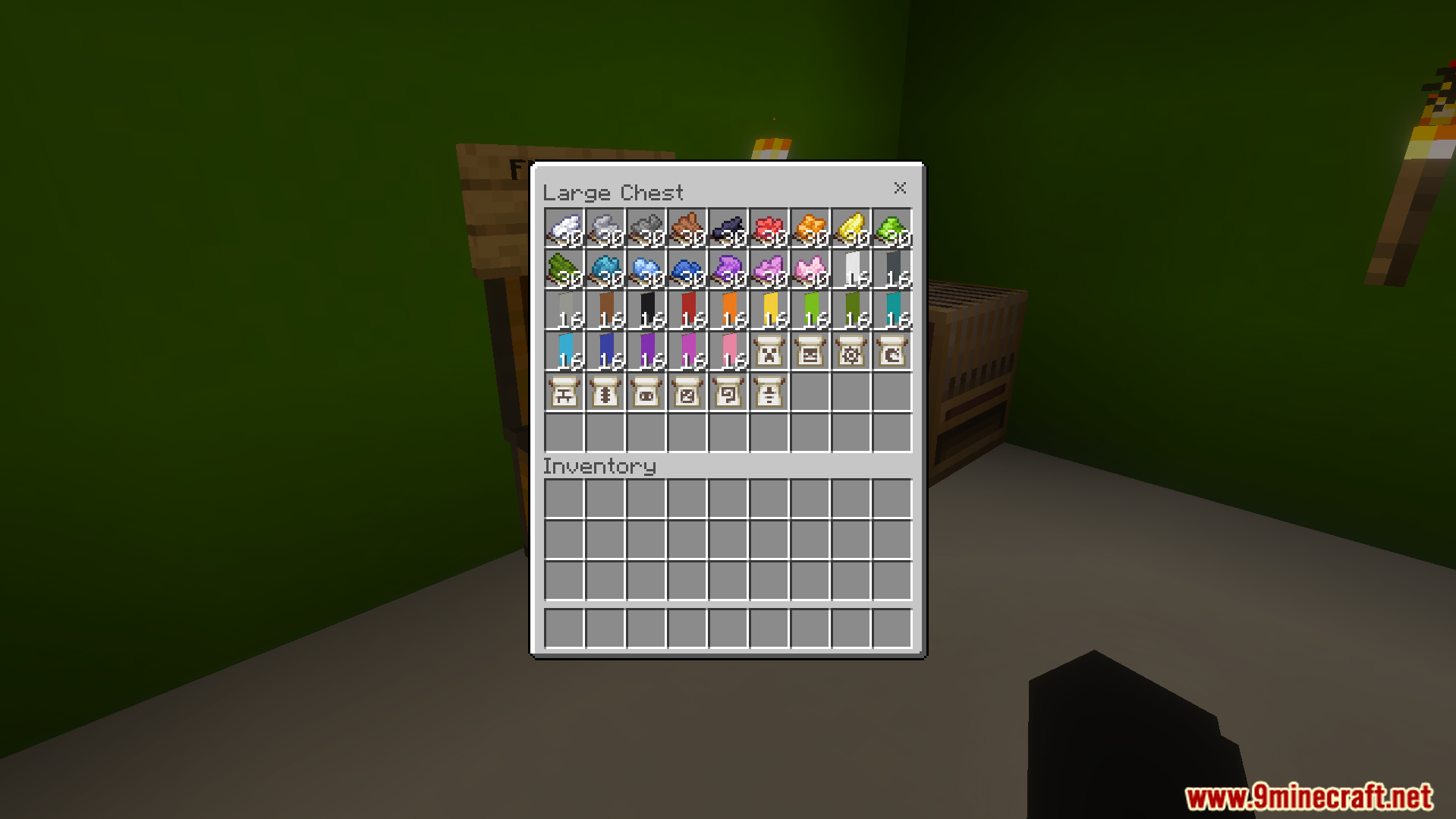 A large chest inventory filled with various colored dyes and banner patterns