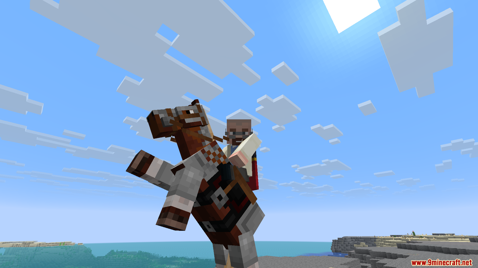 A villager character on a rearing horse against the blue sky