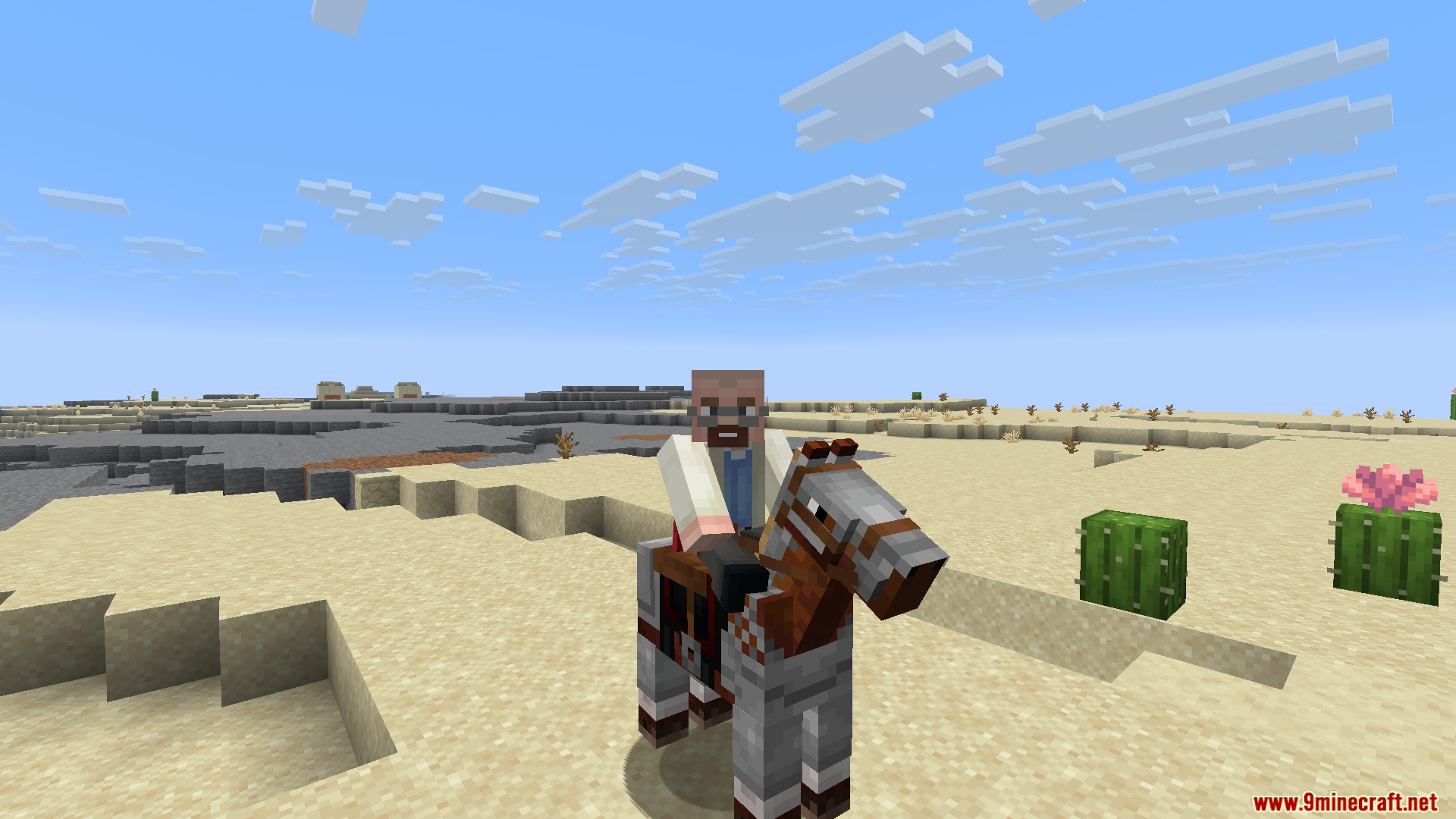 Bearded character rides a horse through the desert biome
