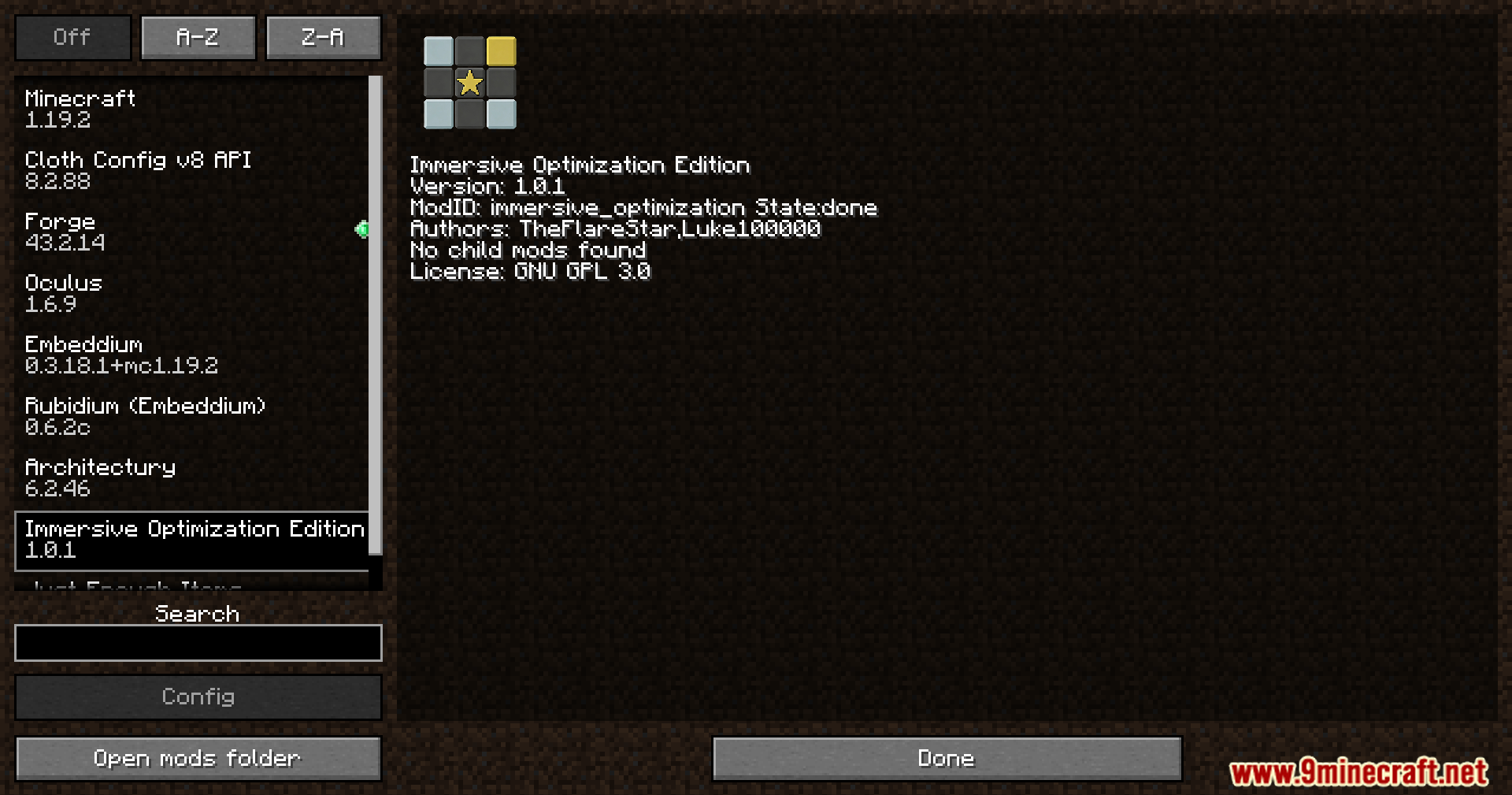 A mod menu showing Immersive Optimization Edition selected with details