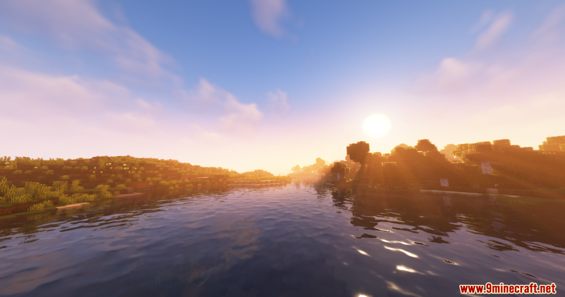 Scenic Minecraft river landscape during sunset with bright sunbeams and realistic water reflections