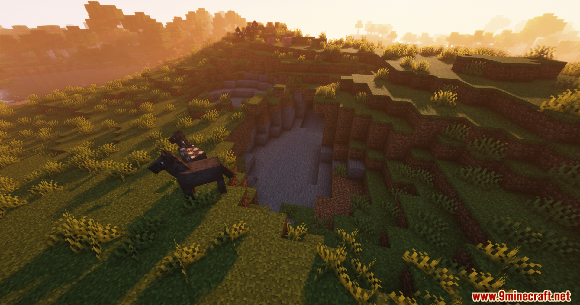 A horse stands near a small crater in a grassy Minecraft landscape