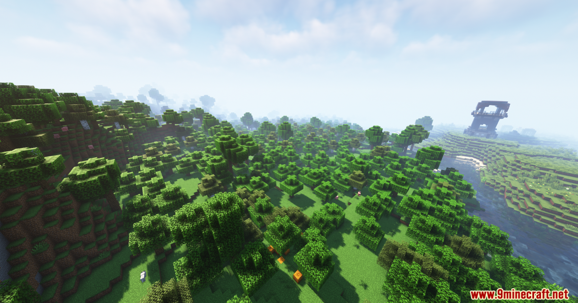 A lush green Minecraft forest landscape with a distant pillager outpost
