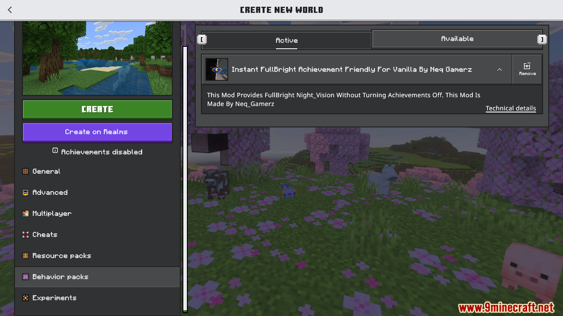 Instant Fullbright Night Vision Addon Screenshot 1 Activating the fullbright behavior pack in the world creation menu settings