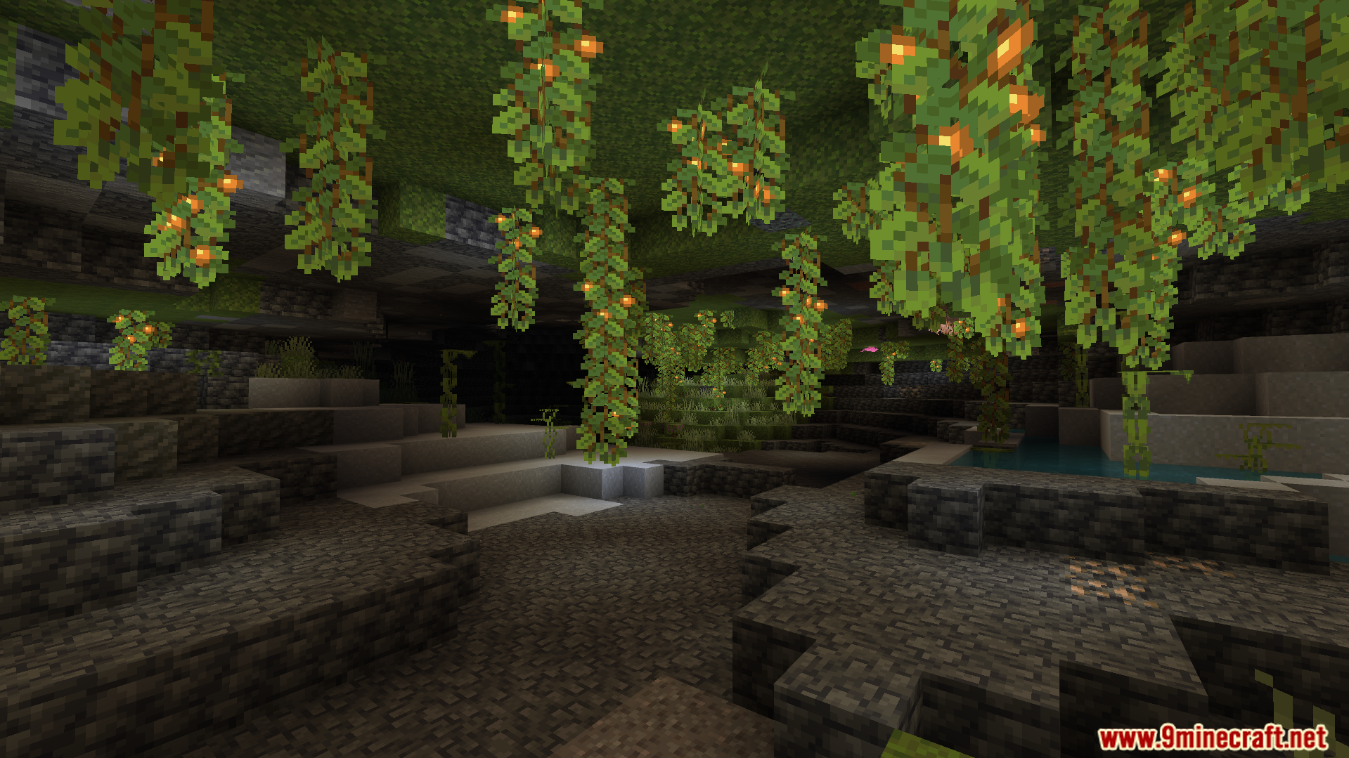 Instant Fullbright Night Vision Addon Screenshot 4 Dark lush cave illuminated by glowing berries hanging from ceiling
