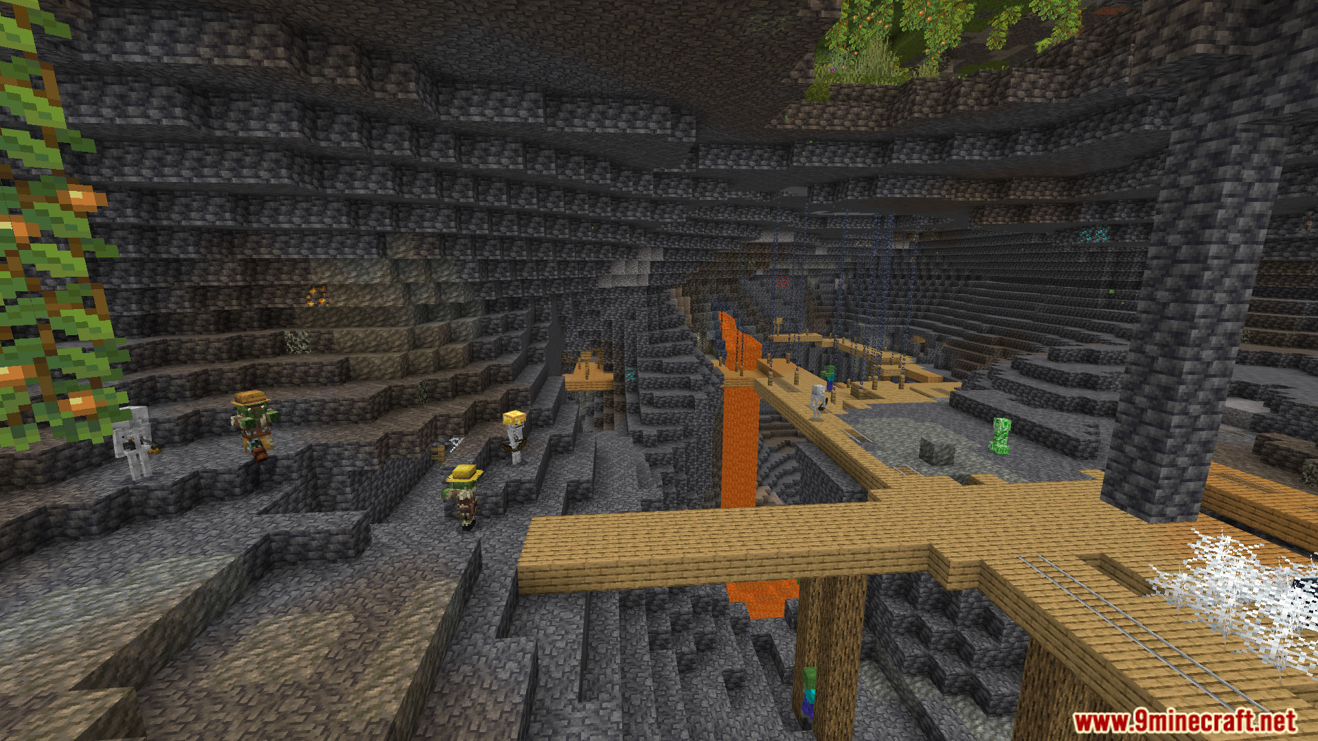 Instant Fullbright Night Vision Addon Screenshot 5 brightly lit deep cave showing suspended wooden mineshafts lava and hostile mobs