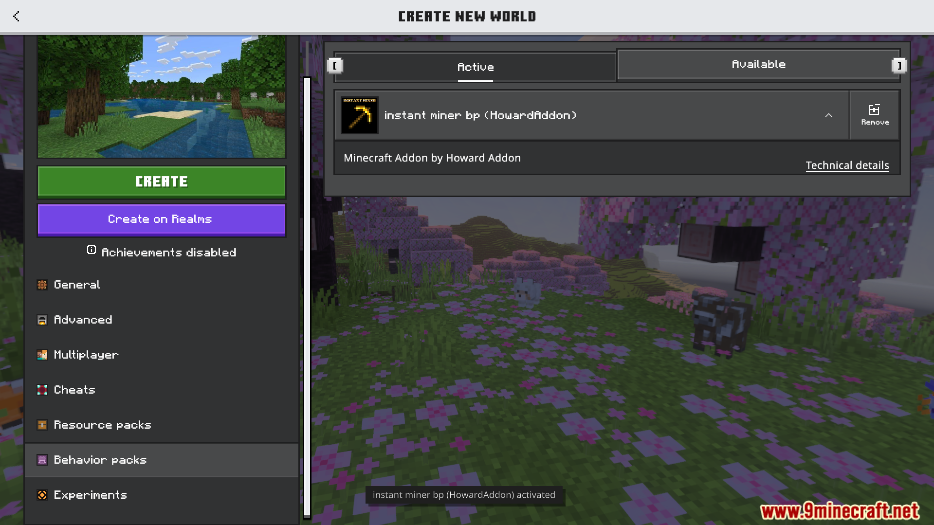 Minecraft Bedrock world creation screen showing behavior packs menu