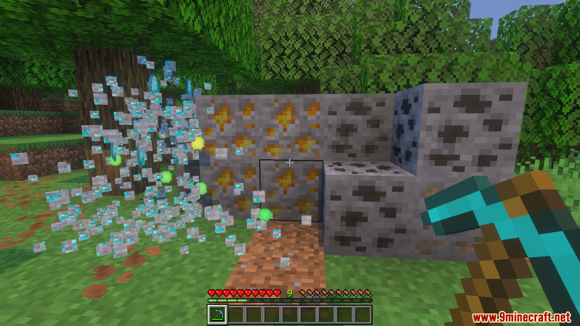 Instantly mining diamond ores with a pickaxe leaving no drops