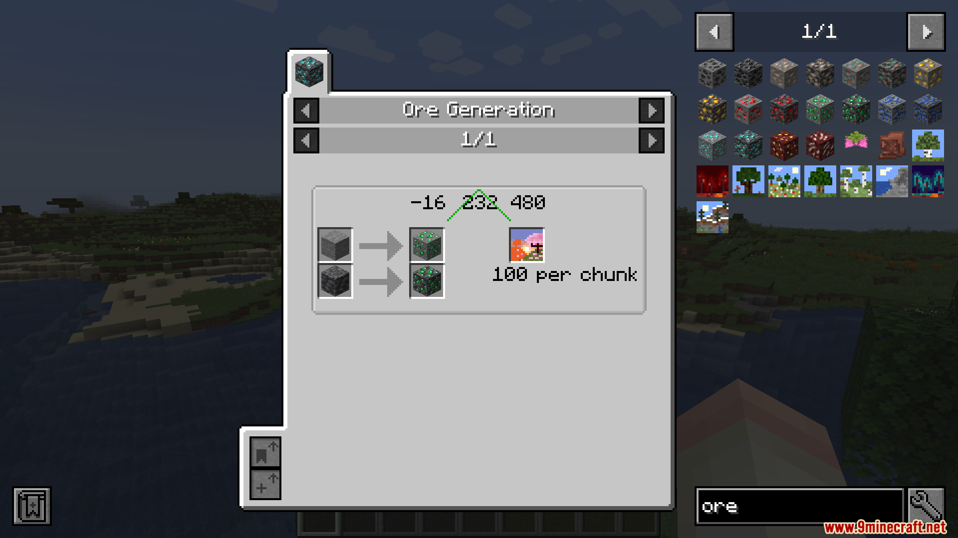 JEI Ores Mod Screenshot 10 Viewing emerald ore generation heights and specific biome spawn locations