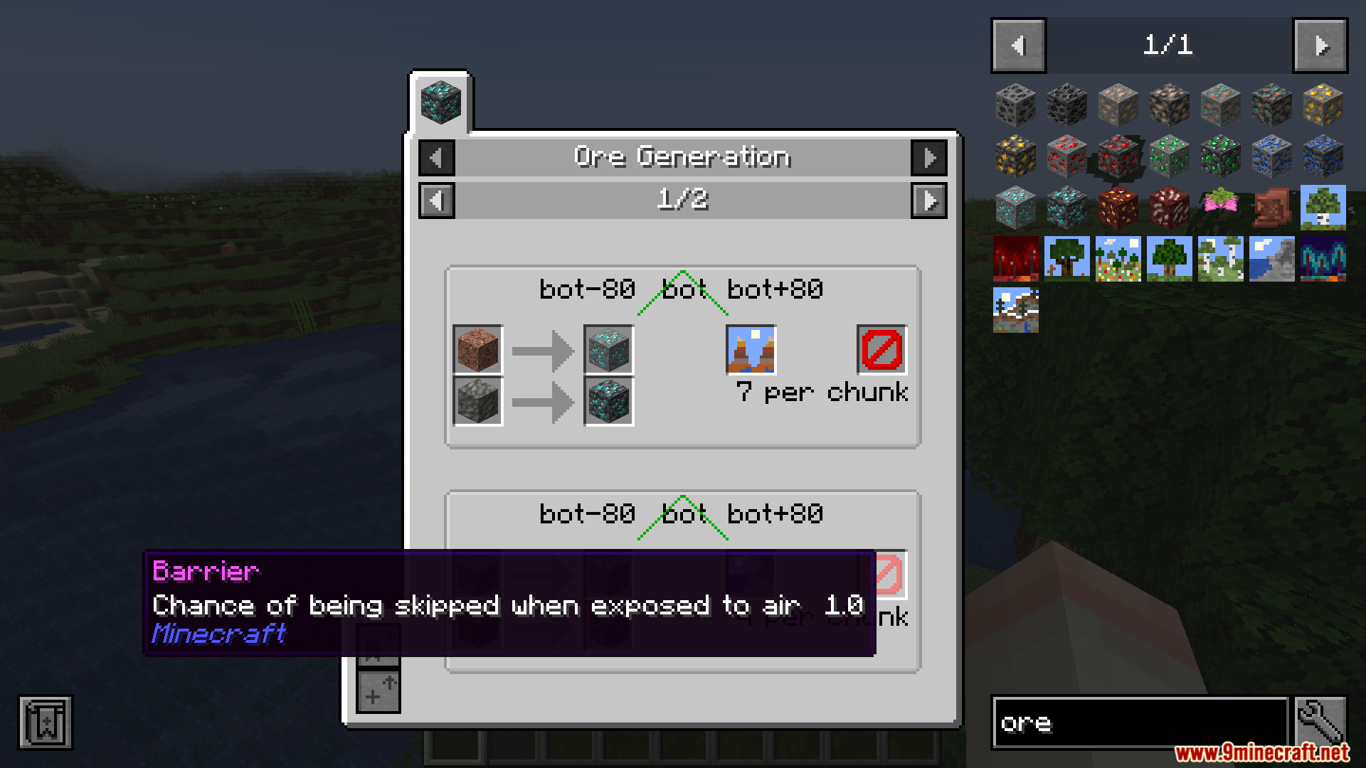 JEI Ores Mod Screenshot 2 Interface showing detailed ore generation statistics like spawn heights and veins per chunk