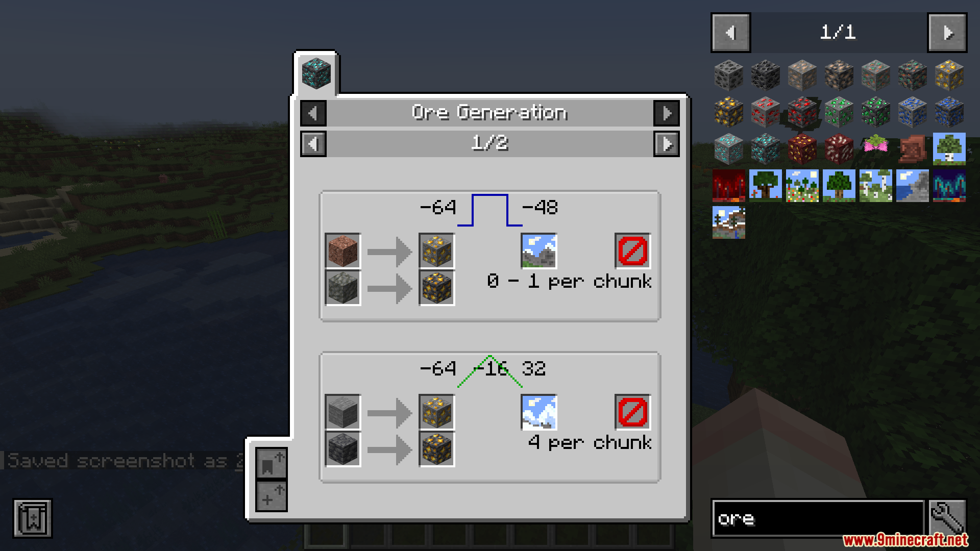 JEI Ores Mod Screenshot 3 Interface showing ore generation height levels and spawn rates per chunk