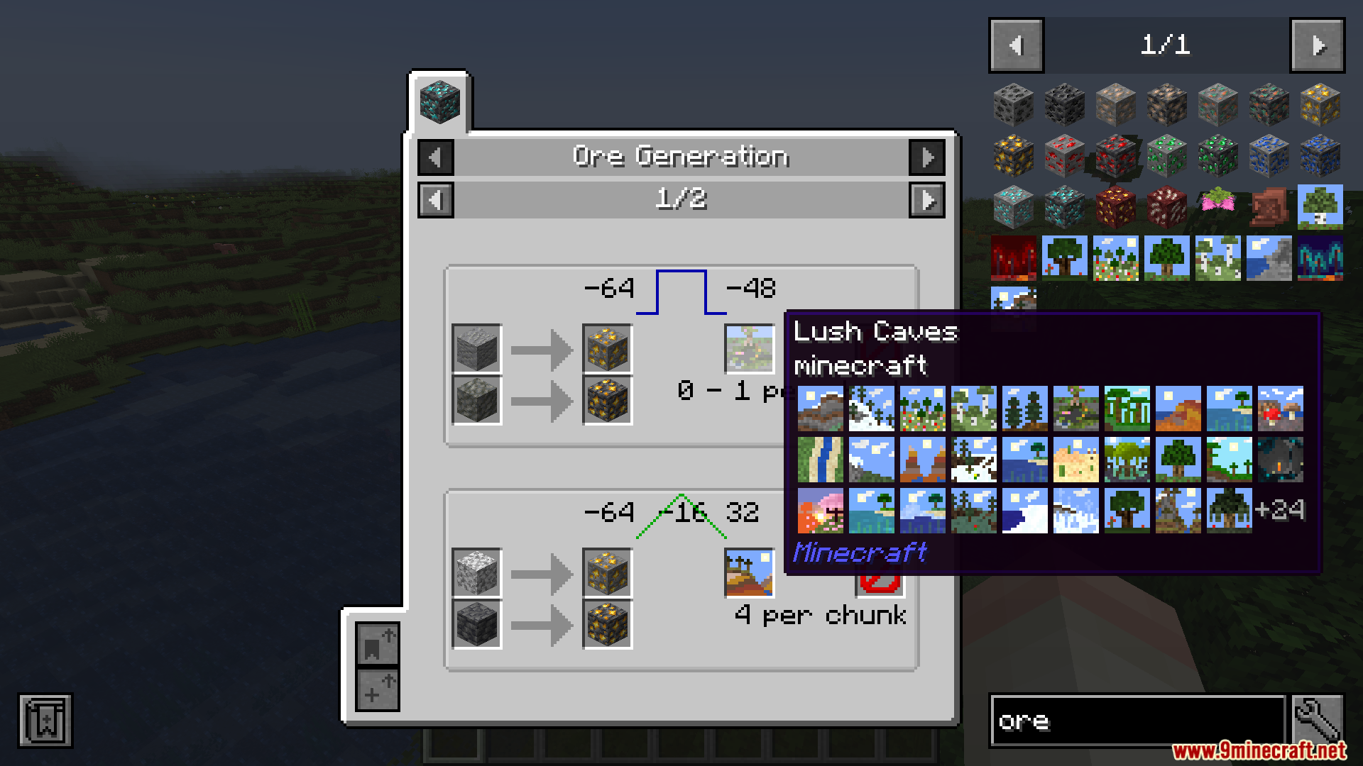 JEI Ores Mod Screenshot 4 Viewing a tooltip showing specific biomes like Lush Caves for ore generation