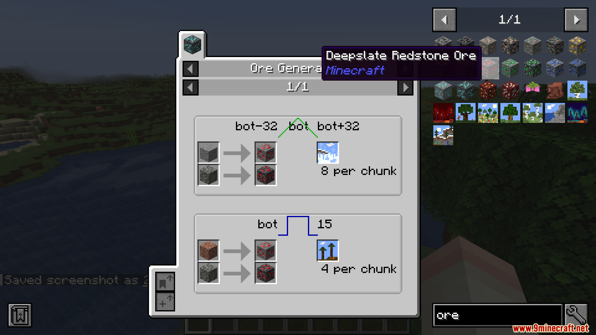 JEI Ores Mod Screenshot 5 Interface showing deepslate redstone ore generation heights and spawn rates per chunk